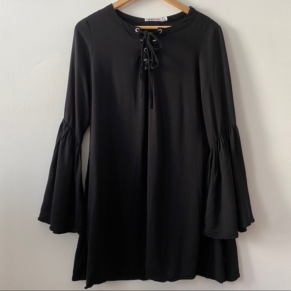 JUSTFAB Black Soft Lace Up Flare Bell Sleeves Boho Tunic Top
